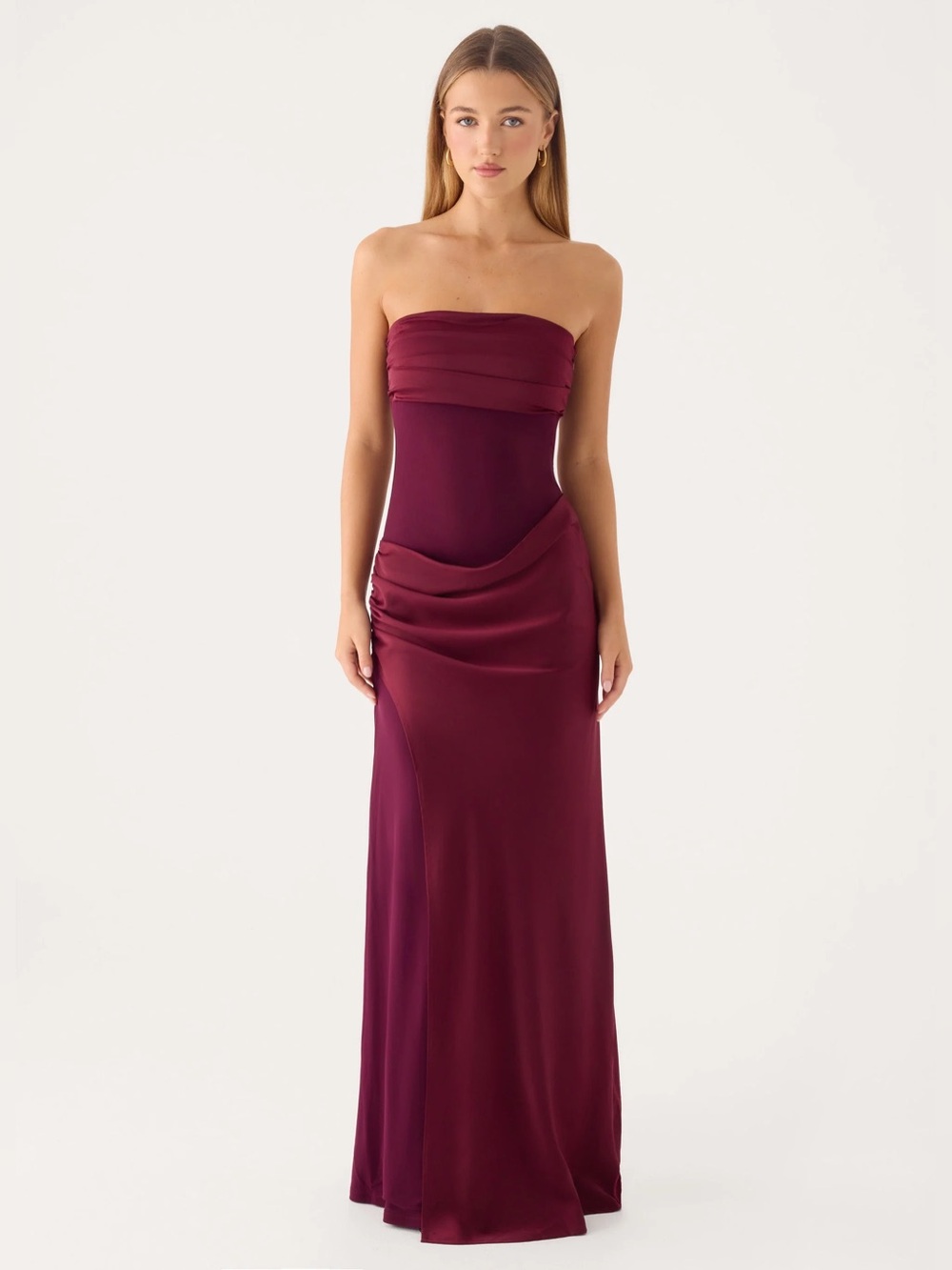 NWT Peppermayo Charmaine Strapless Burgundy Maxi Dress Maroon draped waist silk